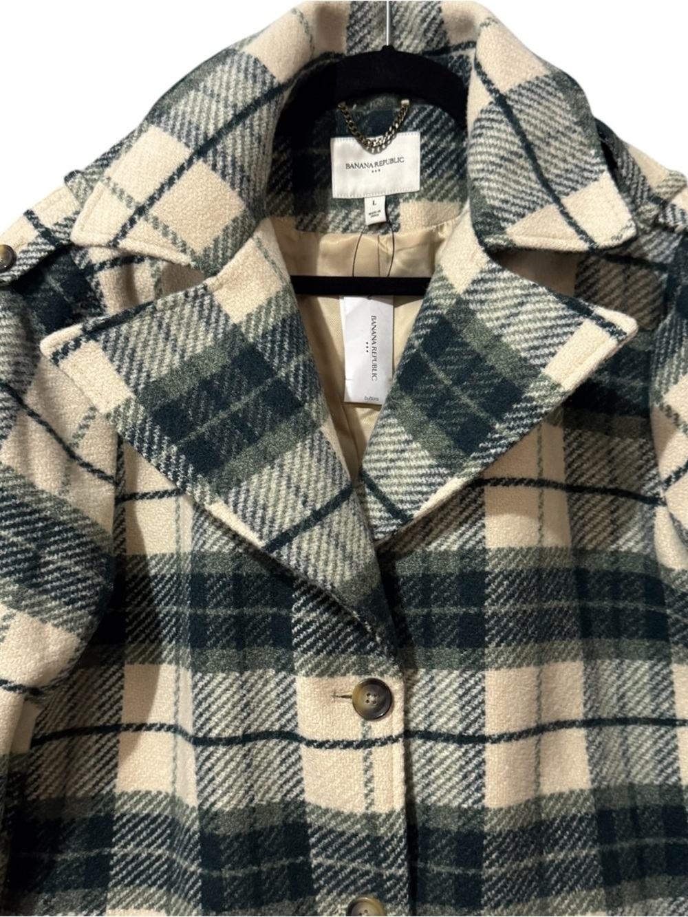 Banana Republic Women’s Plaid Long Wool Blend Coat Green Ivory Check Coat Large - Picture 3 of 7
